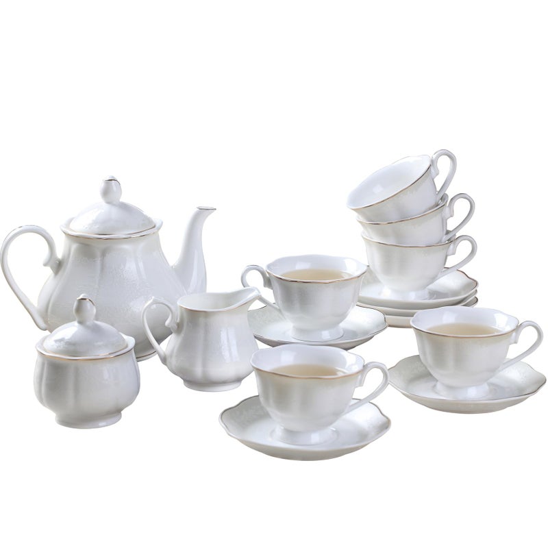 GuangYang 15-pcs Porcelain Tea sets for Adults, Off White Embossed Pattern with Gold Trim (A set Included 1 Teapot, 1 Sugar Bowl, 1 Cream Pitcher, 6 Cups and 6 Saucers) - Image 1